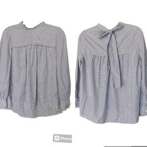 TORY BURCH 100% Cotton Poplin Blue and White Striped Long Sleeves Blouse Sz S